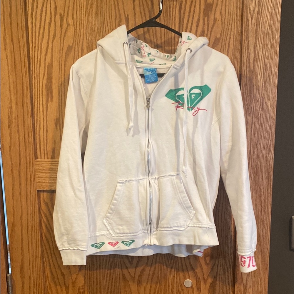 Roxy White Zip Up Hoodie Girls Size Large EUC